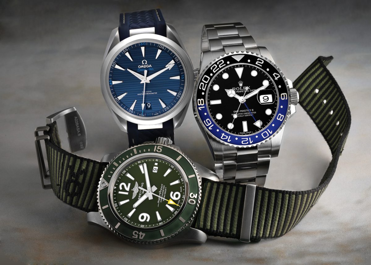 Omega Aqua Terra Blue Dial, Rolex GMT-Master II Batman 116710, Breitling Superocean 44 Outerknown Green Dial Steel Watch A17367