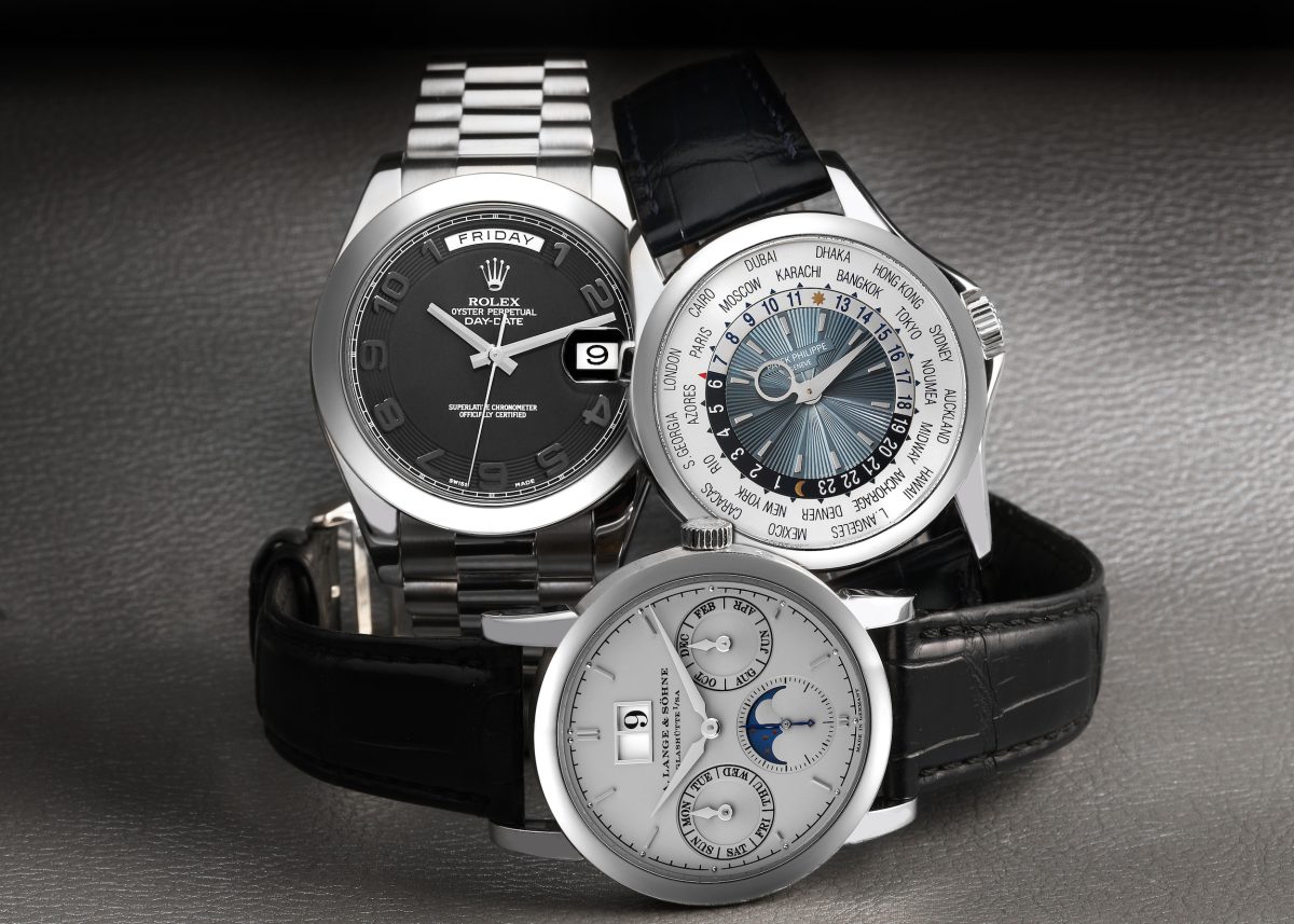 Rolex Day-Date II Platinum, Patek Philippe Complications World Time, A. Lange & Sohne Saxonia Annual Calendar Platinum Watches
