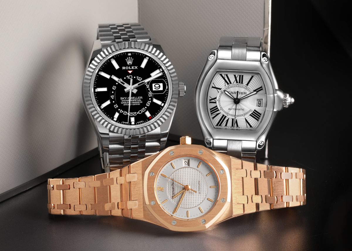Rolex Sky-Dweller Steel White Gold Watch, Cartier Roadster Large Steel Watch, Audemars Piguet Royal Oak Nick Faldo Rose Gold Watch