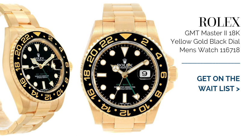 Rolex GMT Master II 18K Yellow Gold Black Dial Mens Watch 116718