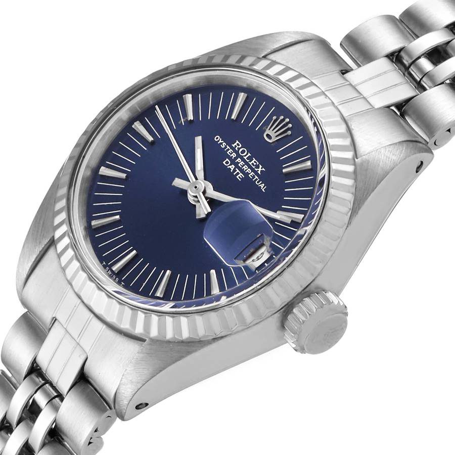 Rolex Date Stainless Steel Blue Dial Fluted Bezel Ladies Watch 6917