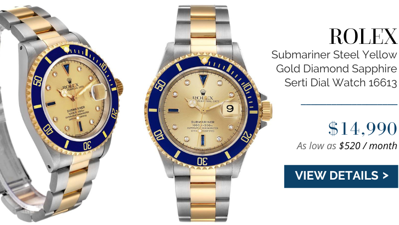 Rolex Submariner Steel Yellow Gold Diamond Sapphire Serti Dial Mens Watch 16613