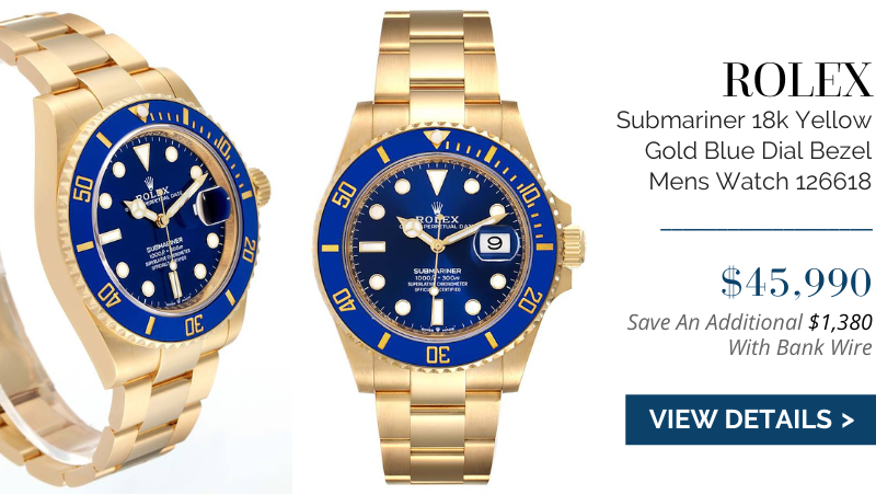 Rolex Submariner 18k Yellow Gold Blue Dial Bezel Mens Watch 126618