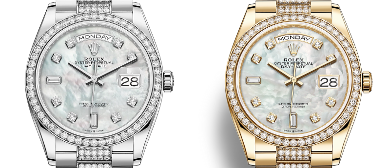 Rolex President Day-Date White Gold MOP 128349RBR and Rolex President Day-Date Yellow Gold MOP 128348RBR