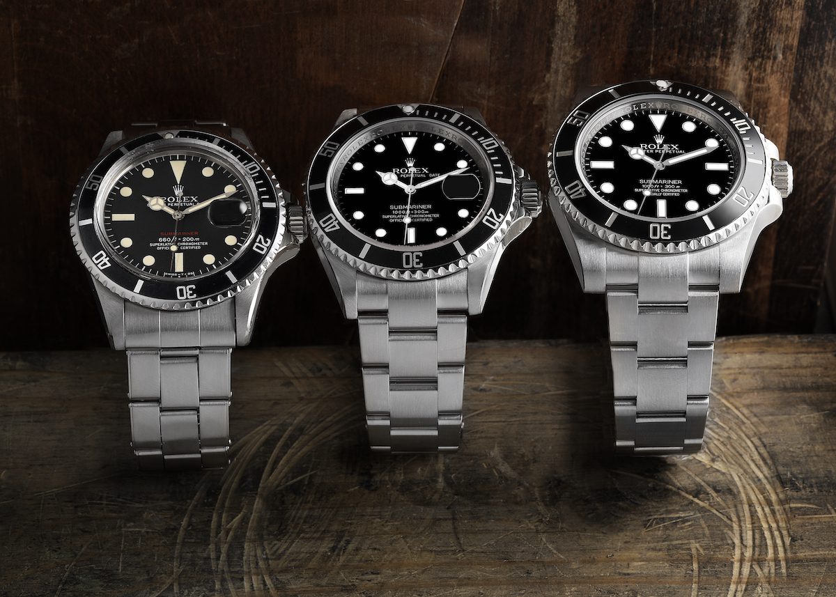 Rolex Submariner models with Black Bezels and Dials ref 1680, 116610, and 124060