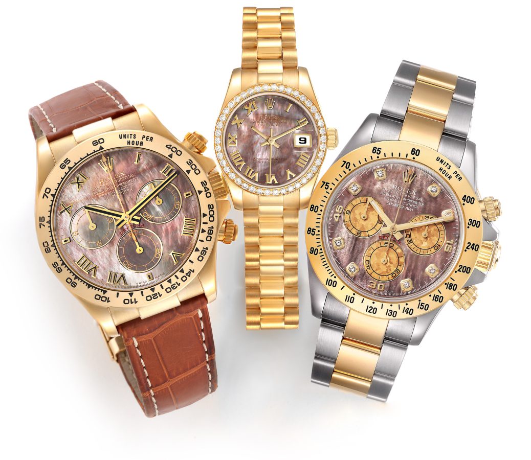 Rolex Cosmograph Daytona Gold 116518, Datejust President, Daytona Steel and Gold 116523 Tahitian Mother of Pearl Dial Watches