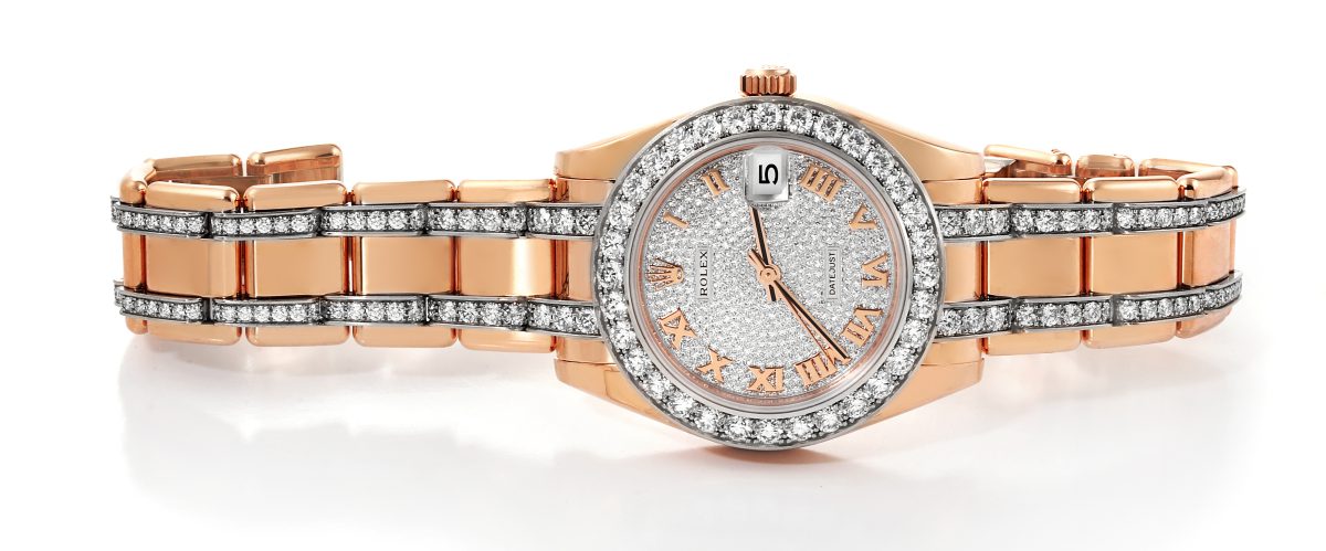 Rolex Pearlmaster 34 Rose Gold Pave Diamond Dial Ladies Watch 81285