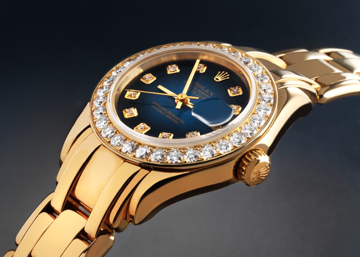 Rolex Pearlmaster Yellow Gold Blue Vignette Diamond Ladies Watch 69298
