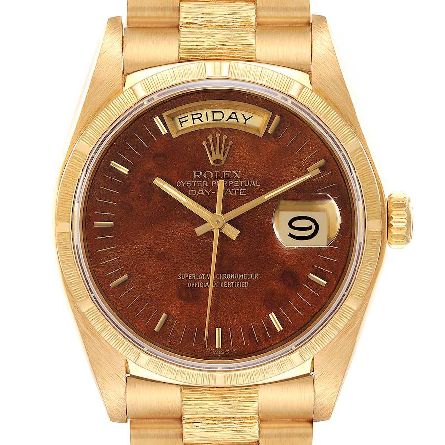 Rolex President Day-Date Yellow Gold Burl Wood Dial Mens Watch 18038