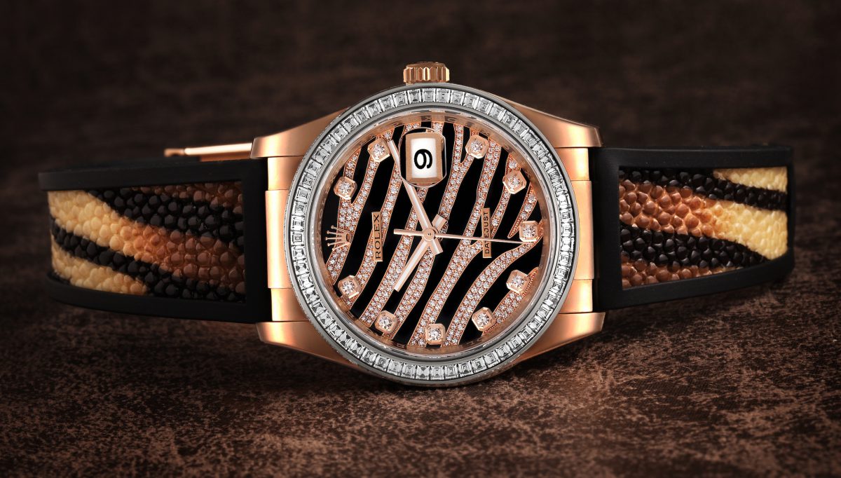Rolex Datejust Zebra Pave Diamond Dial Rose Gold Mens Watch 116185 1
