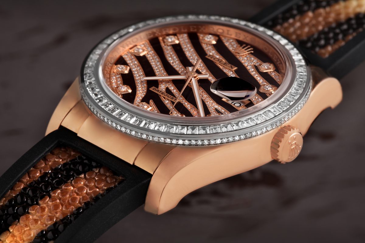 Rolex Datejust Zebra Pave Diamond Dial Rose Gold Mens Watch 116185_