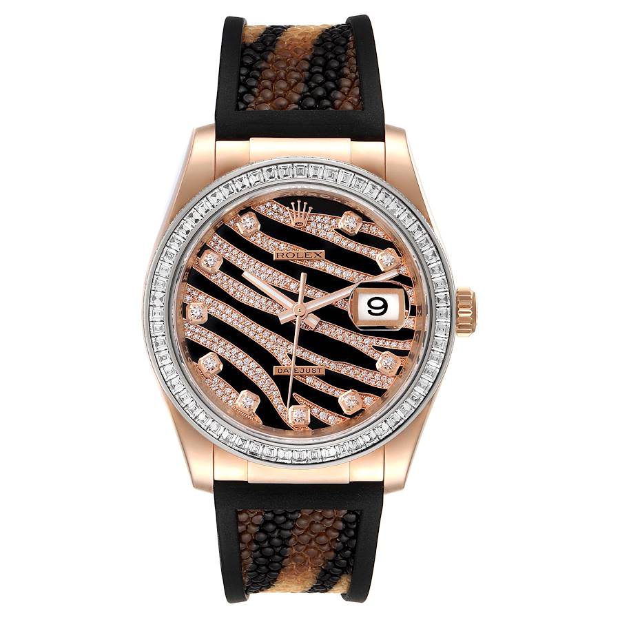 Rolex Datejust Zebra Pave Diamond Dial Rose Gold Watch 116185