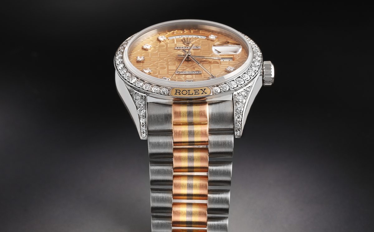 Rolex Day-Date President Tridor White Rose Yellow Gold Diamond Mens Watch 18139