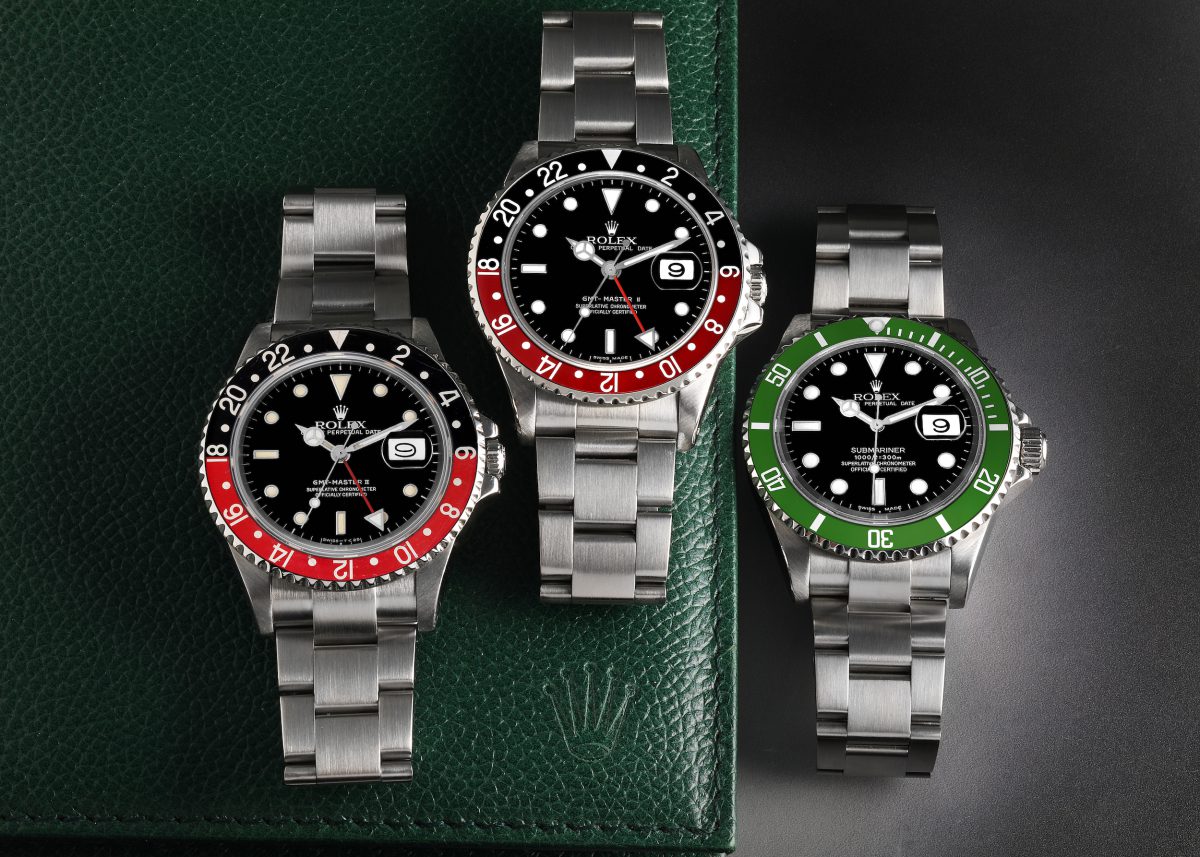 Rolex GMT Master Fat Lady 16760, GMT Coke Error Dial 16710, and Submariner Kermit Flat 4 16610LV