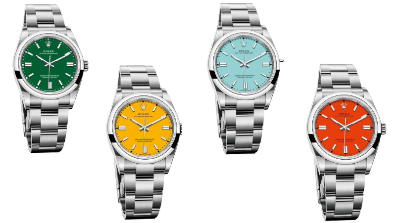 Rolex Oyster Perpetual 41 ref 124300 Green, Yellow, Turquoise, and Coral Red