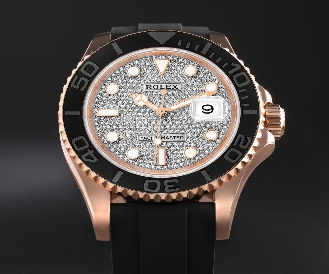Rolex Yachtmaster 40mm Rose Gold Diamond Pave Dial Oysterflex Watch 116655