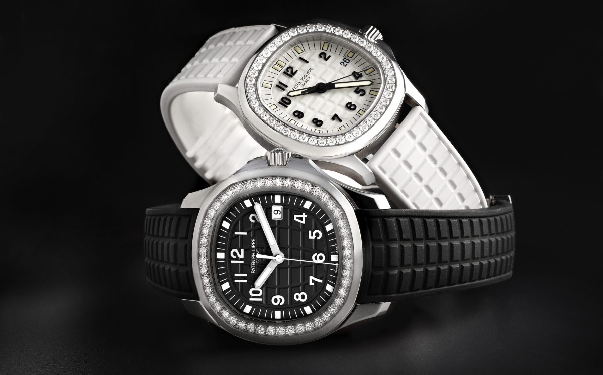 Patek Philippe Aquanaut Steel White Dial Diamond Ladies Watch 5067 and Patek Philippe Aquanaut Steel Black Dial Diamond Mens Watch 5267
